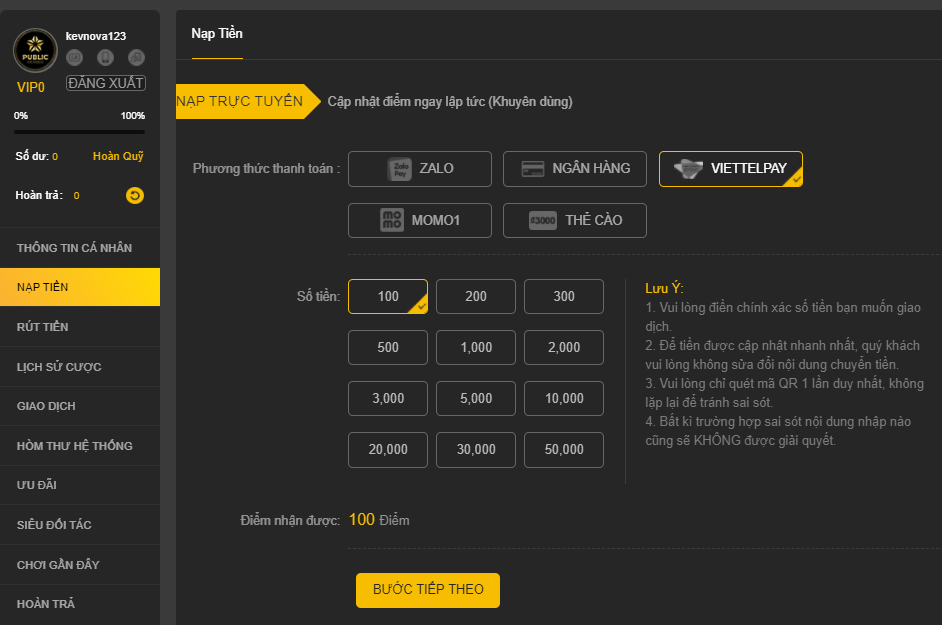 Nạp tiền tại nhà 888b qua Viettel Pay
