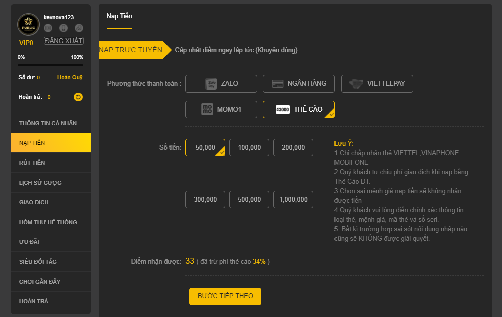 Nạp tiền tại nhà cái 888b qua thẻ cào
