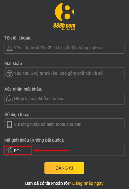 code 888b sẽ tự động điền vào khi bạn đăng ký qua link của 88b.beauty
